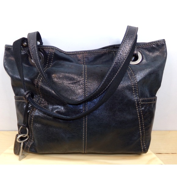 Fossil Long Live Vintage Metallic Black Leather Hathaway Tote Bag - Picture 1 of 11